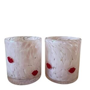 Pink Valentine's Day RED LIP Double Old Fashioned Glasses 14oz Set of 2 New